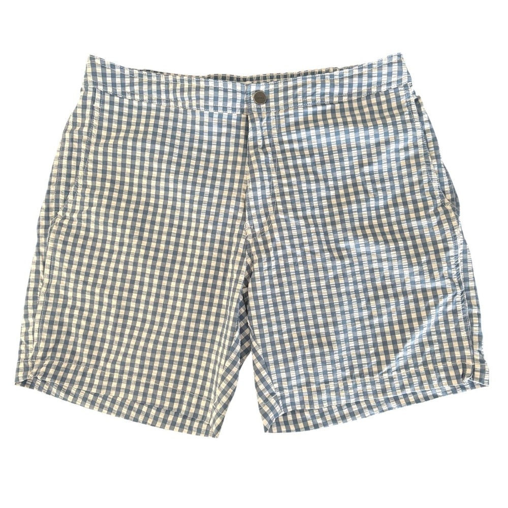 Onia Swim Shorts LG Blue Calder 7" Gingham Check Seersucker Mesh Lined Trunks